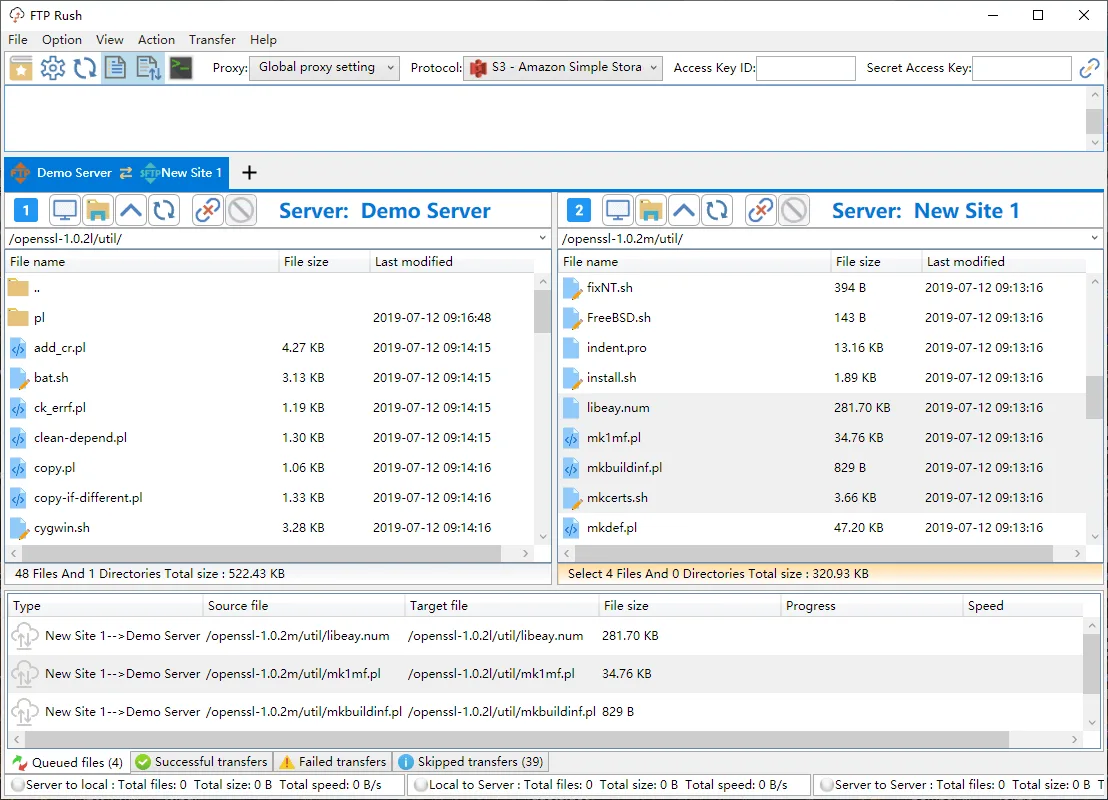 FTP Rush on Windows showing two server file lists, connection tabs and a queued-transfer panel