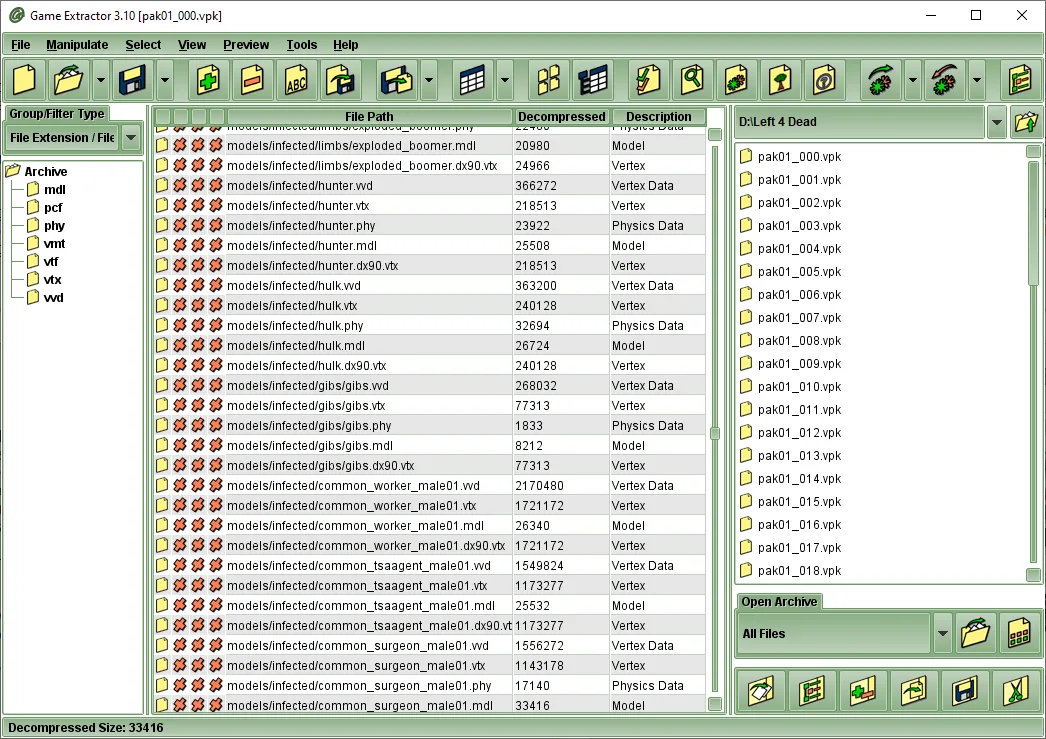 Game Extractor 3.10 showing a Left 4 Dead VPK archive, file list, format tree and archive browser