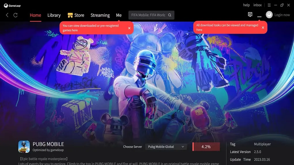 GameLoop desktop interface with Home and Library tabs, a PUBG MOBILE page, server selector and download progress