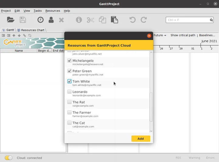Publisher's historical GanttProject 3.1 Linux screenshot showing the Resources from GanttProject Cloud dialog; macOS window styling differs.
