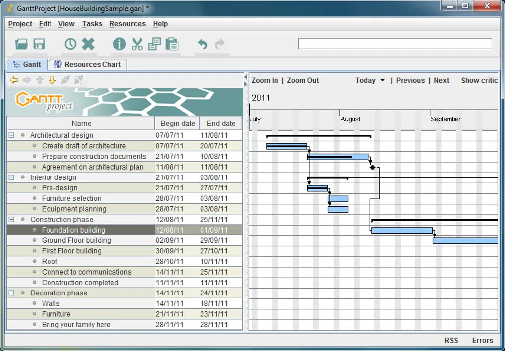 Historical GanttProject Windows interface showing a house-building task hierarchy, dates and linked Gantt timeline.