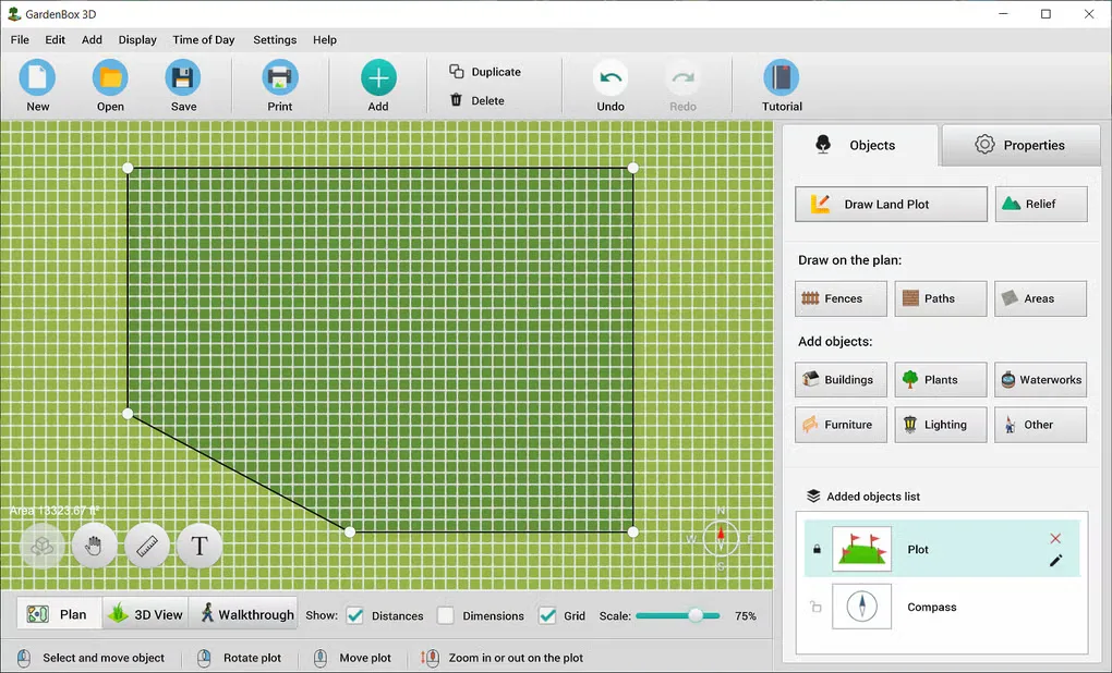 GardenBox 3D plot editor showing an outlined garden on a measurement grid, object tools and Plan, 3D View and Walkthrough tabs.
