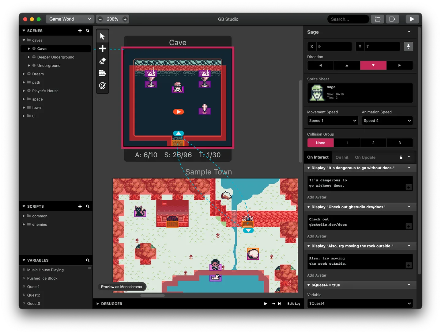 GB Studio on macOS showing linked Cave and Sample Town scenes, the scene list and visual script events.
