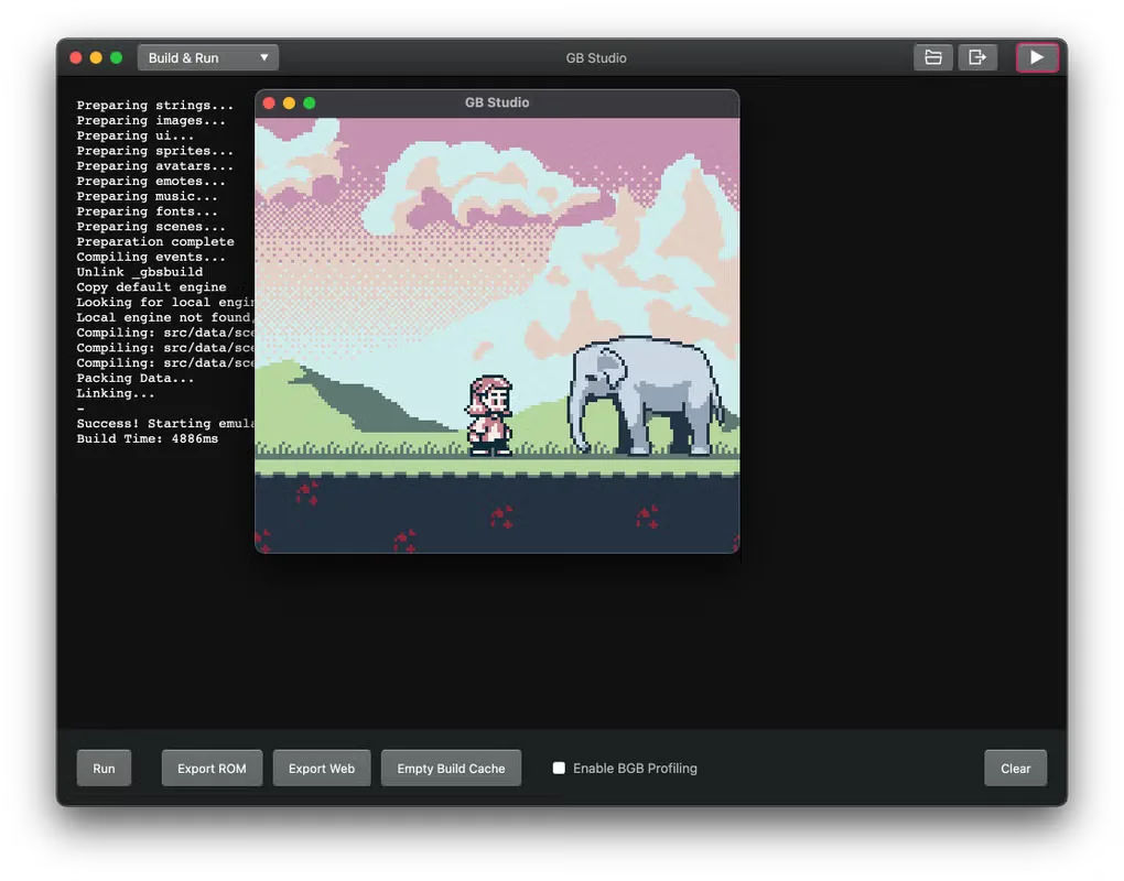 GB Studio Build & Run window with a game preview, build log and ROM/Web export controls; source illustration uses macOS window chrome.