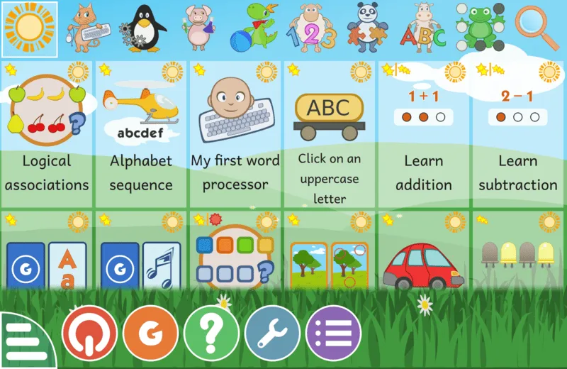 GCompris main menu with reading, arithmetic and logic activities, category icons and bottom controls.