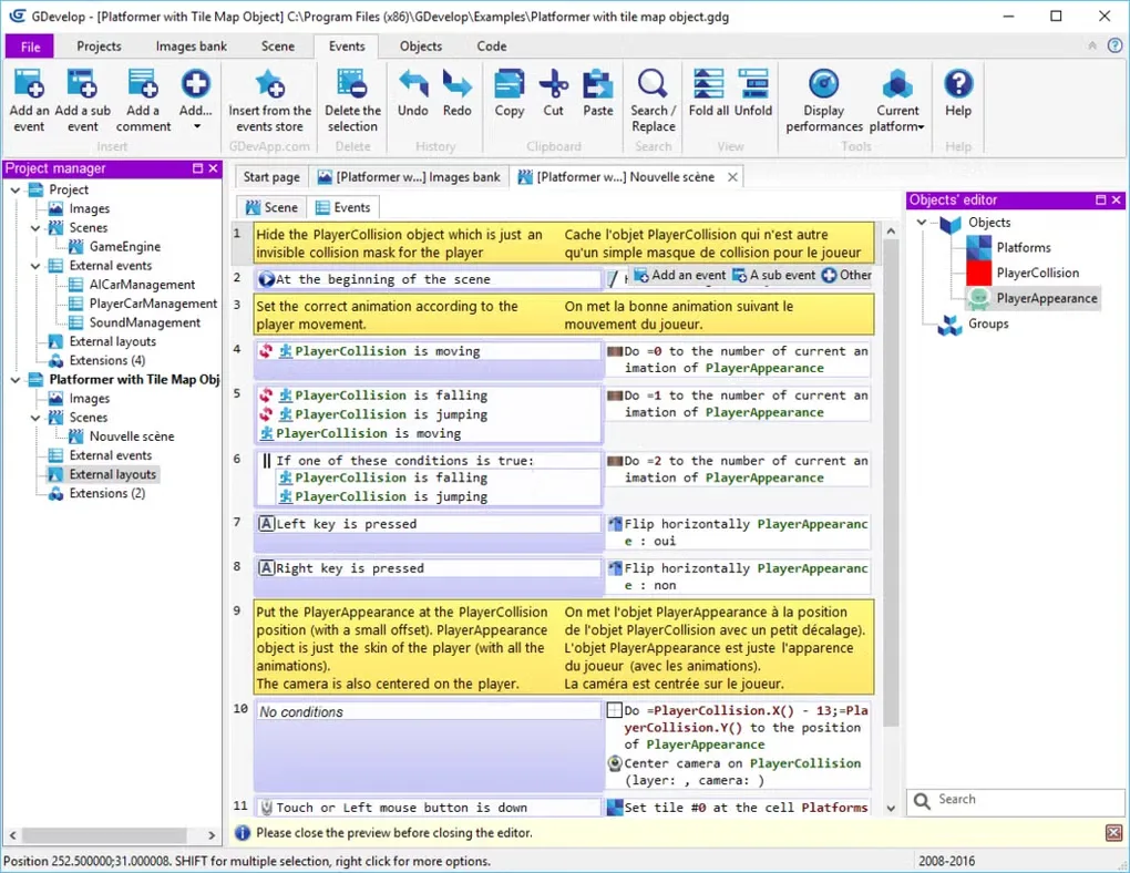 Historical GDevelop Windows event editor showing platformer rules, project tree and objects; older interface, not version 5.6.285.