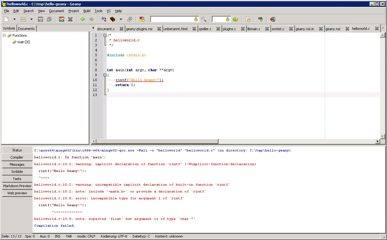Historical Geany 1.35 on Windows 7: C source editor, symbol sidebar and compiler diagnostics, June 2019