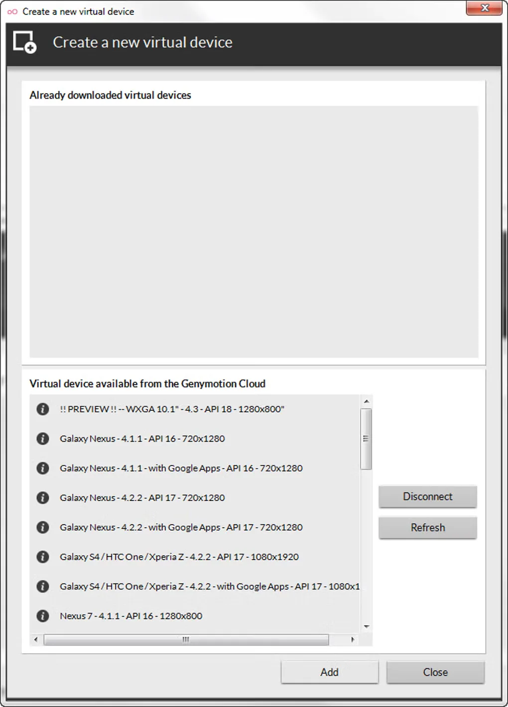 Older Genymotion Windows Create a new virtual device dialog listing Galaxy Nexus, Galaxy S4 and Nexus 7 profiles.