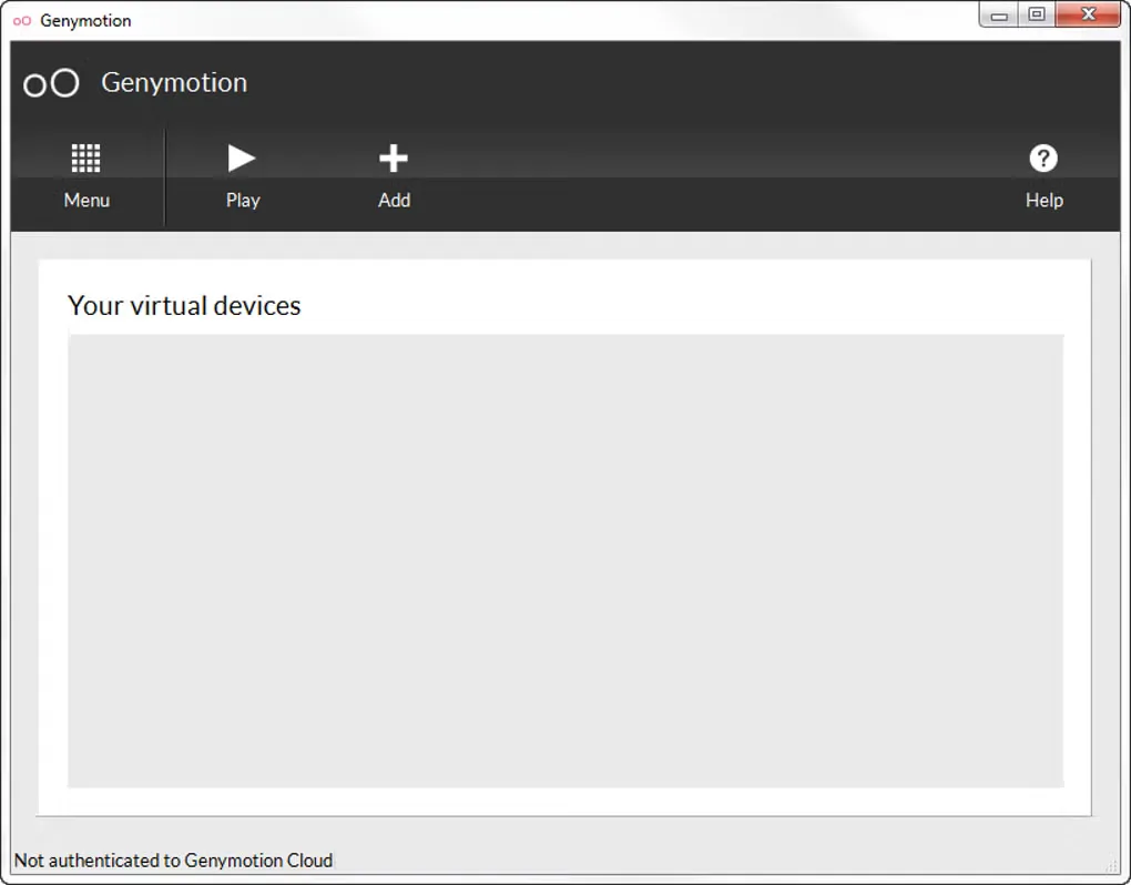 Older Genymotion Windows device manager with Menu, Play, Add and Help controls above an empty virtual-device list.