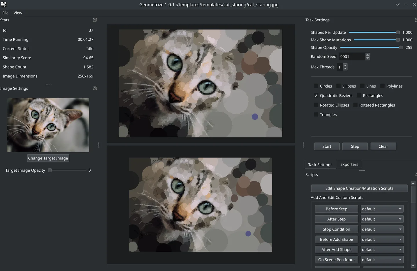Geometrize 1.0.1 desktop UI showing a cat photo, geometric previews, shape settings and scripting controls.
