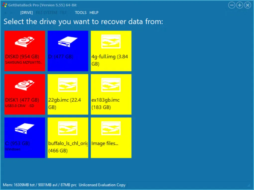 GetDataBack Pro 5.55 drive-selection screen with disk, partition and image-file tiles (older interface)