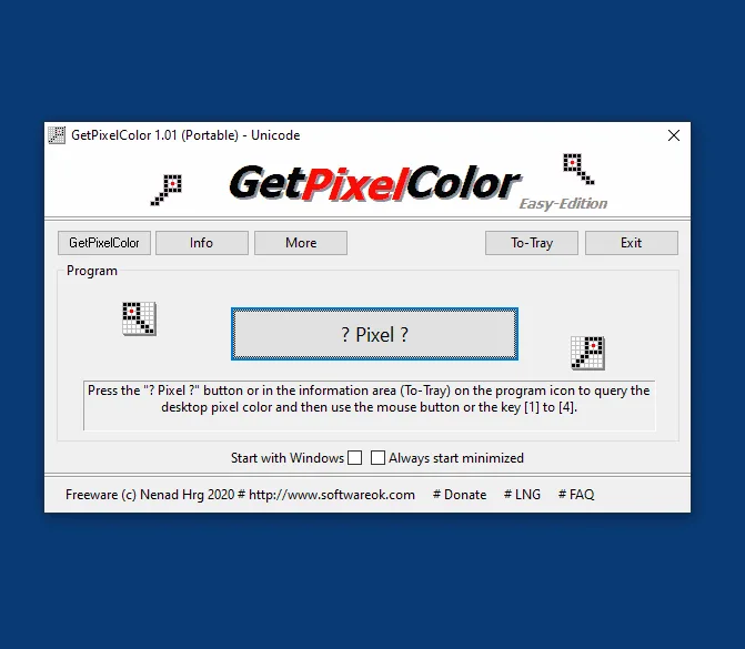 Historical GetPixelColor 1.01 portable window with Pixel query, To-Tray, Exit and Windows startup controls
