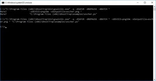 Historical Ghost Trap Windows command-prompt example using gswin32c.exe to render escher.ps to a PNG; not a sandboxed-run demonstration.