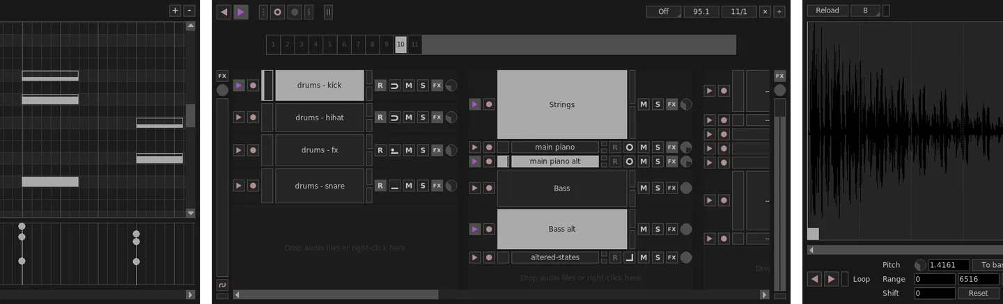 Giada's shared interface screenshot with sample channels, an event grid and a waveform editor; operating system and release not identified