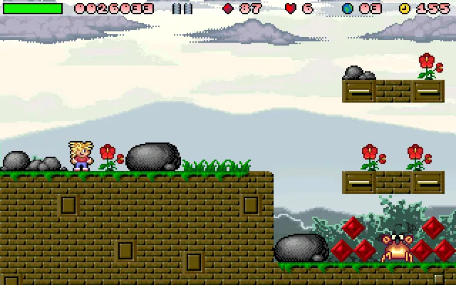 Giana on a grassy brick platform, with floating platforms, red gems, an enemy and status counters in Giana's Return.