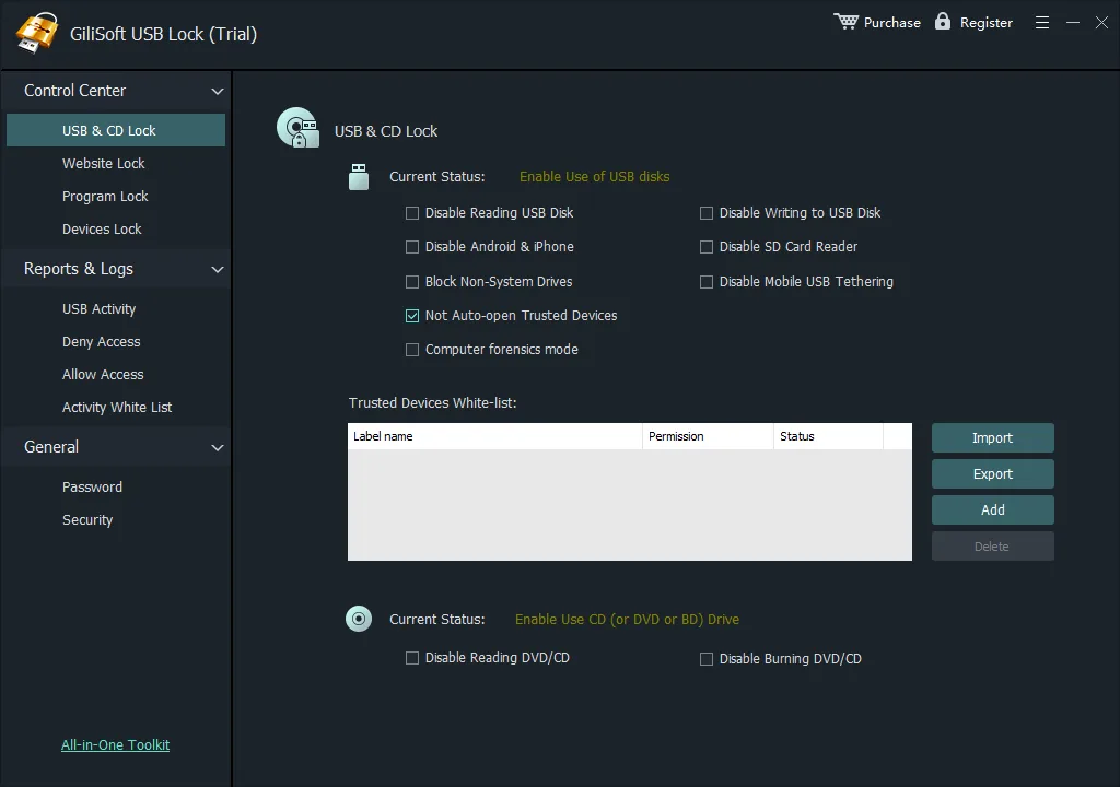 GiliSoft USB Lock trial showing USB read and write restrictions, trusted devices, and CD/DVD controls