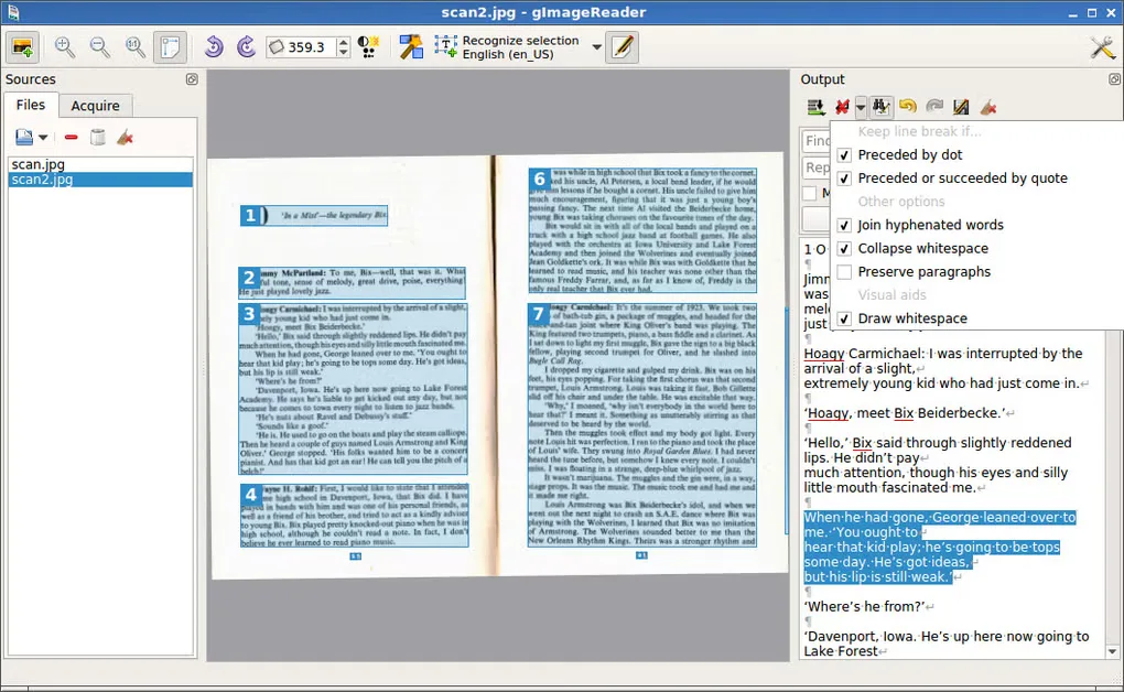 Older gImageReader Windows interface showing scanned pages, selected recognition regions and extracted text beside the image.