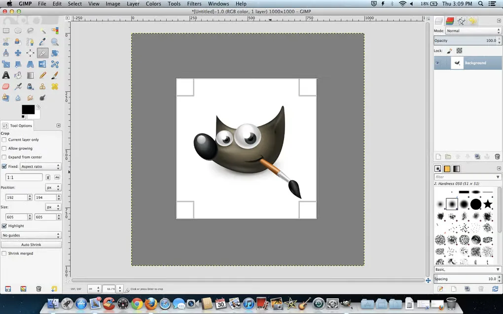 Historical GIMP interface on Mac showing crop controls around a Wilber image, with layers and brushes beside the canvas.