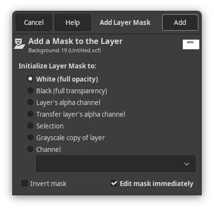 GIMP 3.2.0 Add Layer Mask dialog with Edit mask immediately checked; illustrative cross-platform UI from official notes, OS unspecified, not a Windows 3.2.6 capture.