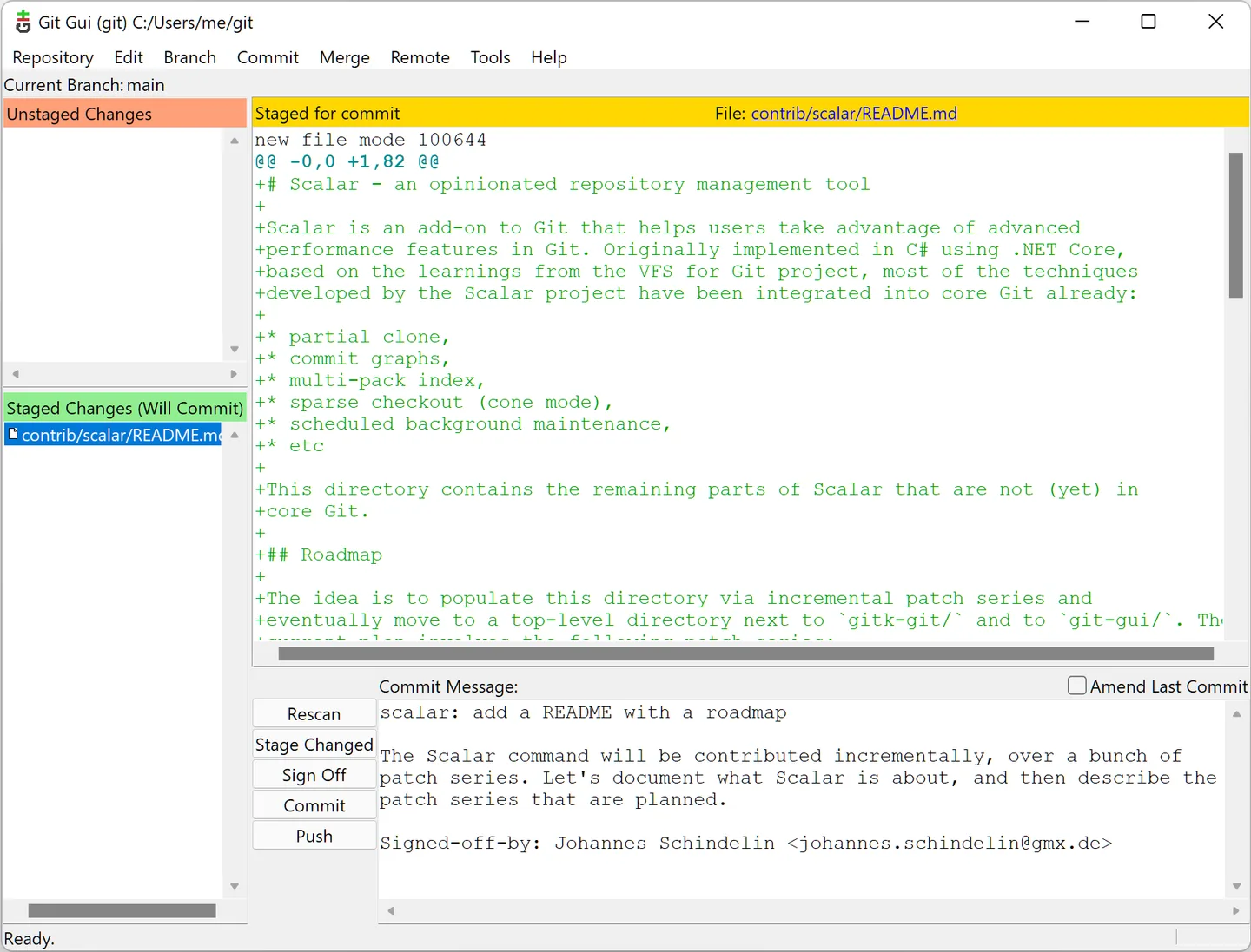 Git GUI on Windows showing a staged README diff, staged changes and a commit message.