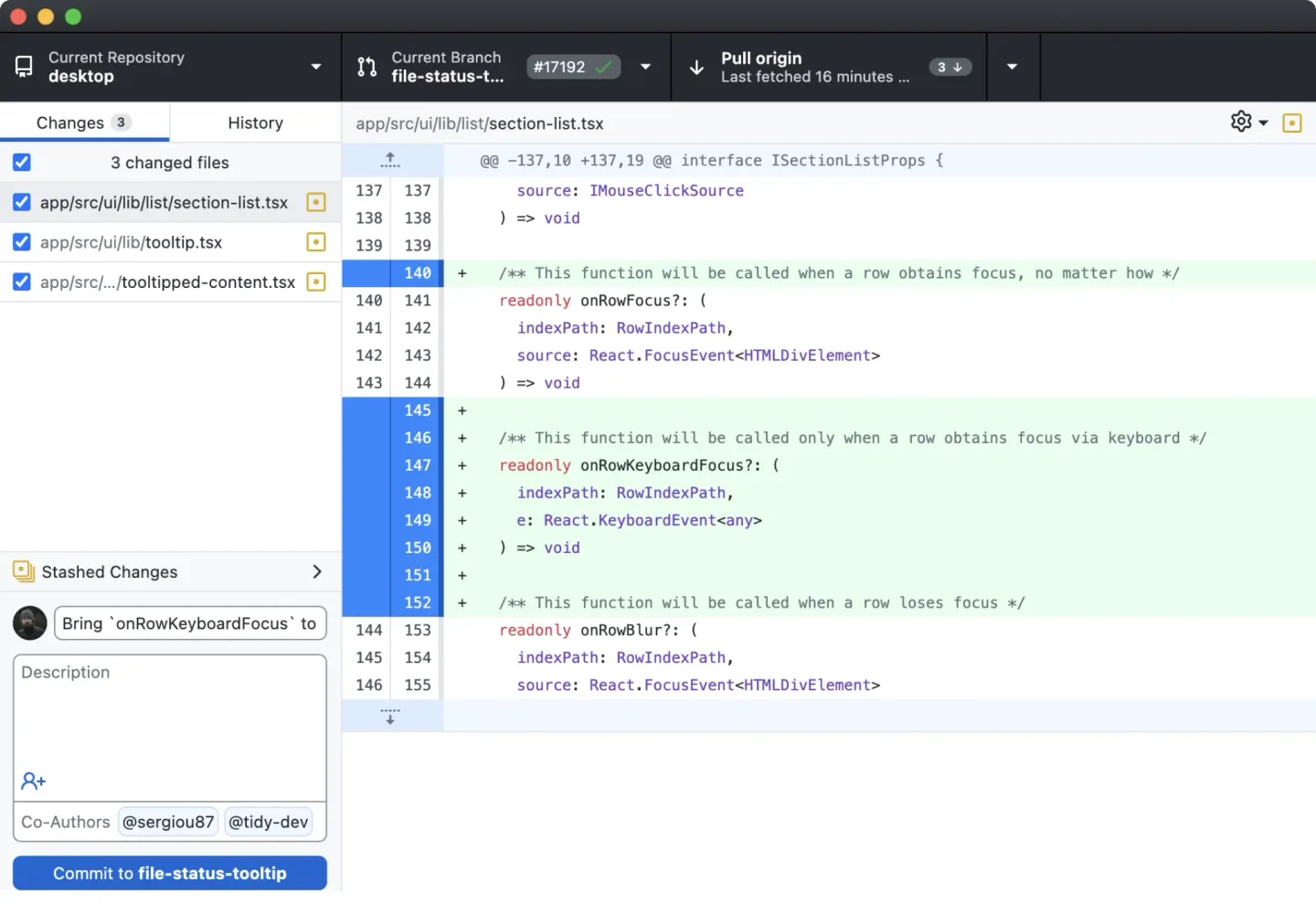 GitHub Desktop on macOS showing changed files, a highlighted code diff and the commit form.