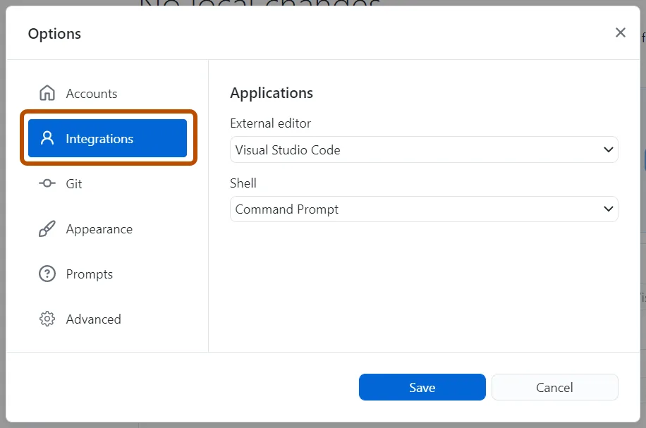 GitHub Desktop for Windows Options dialog with Integrations selected, Visual Studio Code as external editor and Command Prompt as shell.