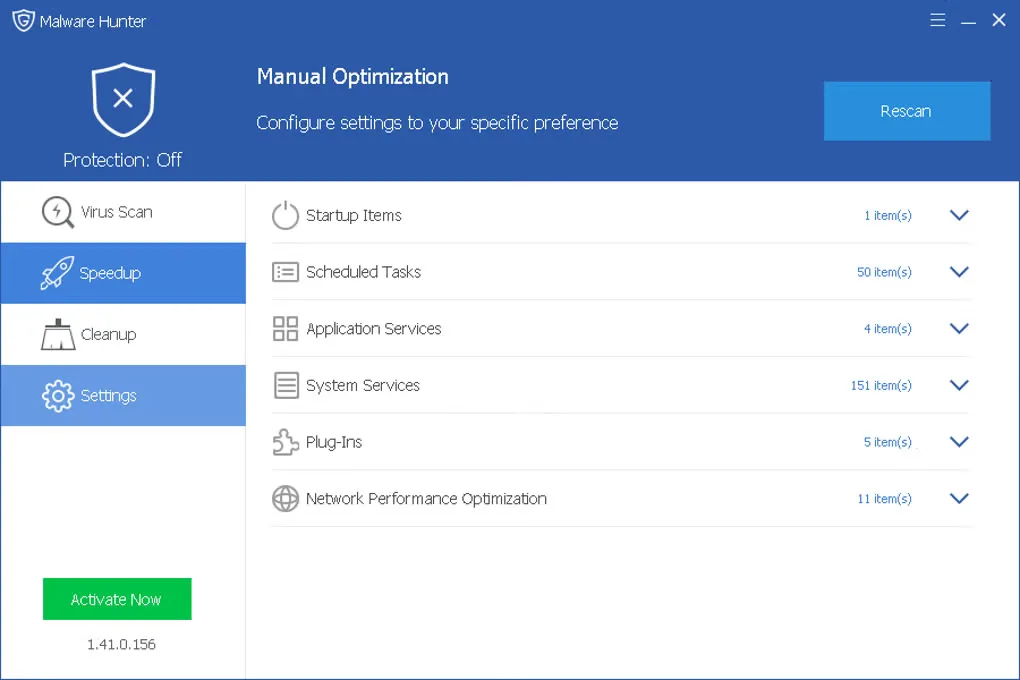 Historical Malware Hunter 1.41.0.156 Speedup screen showing manual optimization categories and Protection: Off.