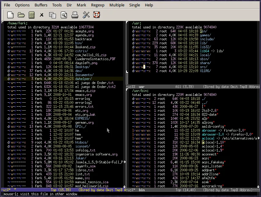 Historical GNU Emacs Dired screenshot with three directory panes on a Unix-like system; captured in 2009, not the Windows release