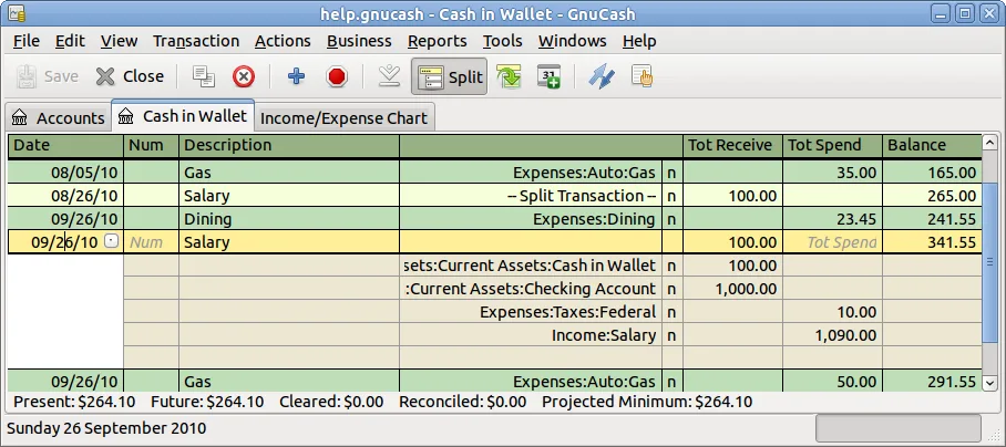 GnuCash manual screenshot of the Cash in Wallet register, showing split transactions and account balances in an older interface.