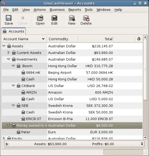 GnuCash publisher documentation screenshot showing an account tree with multiple currencies and investments; not a current macOS capture.