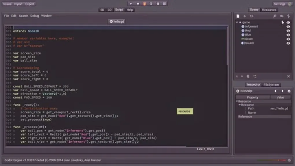 Historical Godot editor showing hello.gd, a scene tree and the Inspector; not the version 4.7.2 interface.
