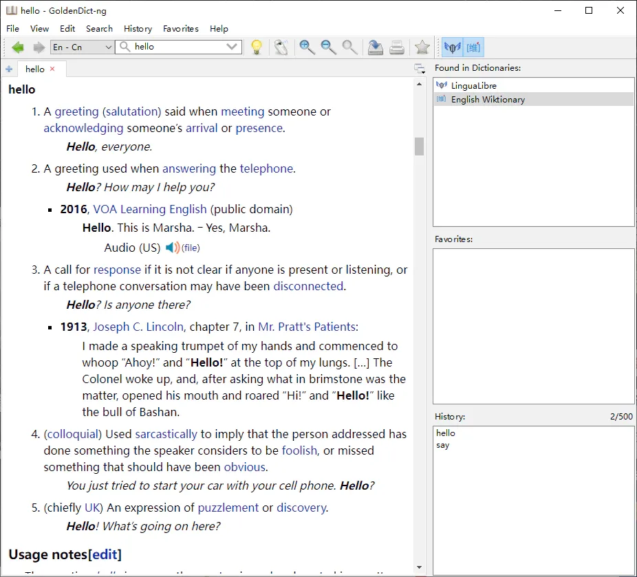 GoldenDict-ng on Windows showing the hello dictionary entry with dictionary results, favorites and history panels.