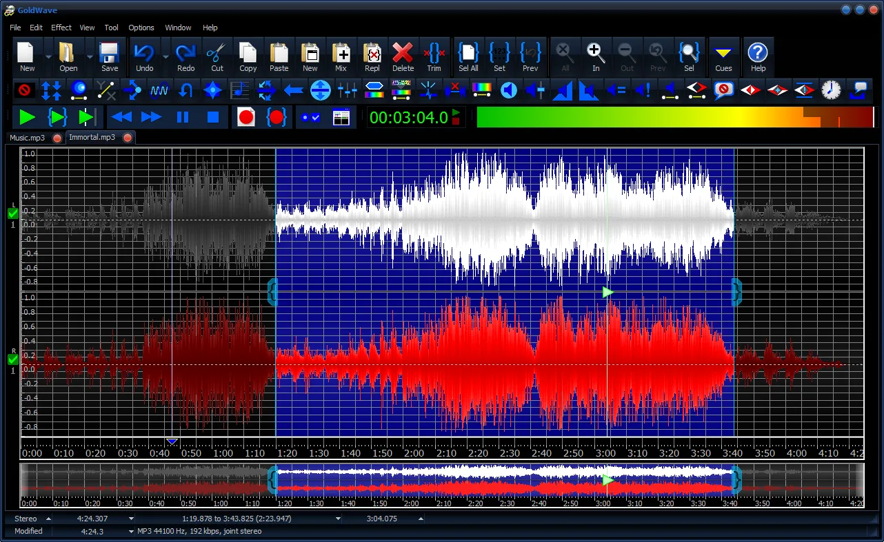 GoldWave Cobalt-theme audio editor showing stereo waveforms, a selected region, transport controls and a level meter.