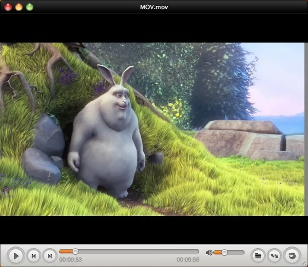 GOM Player Mac playback window showing an animated video, timeline, transport buttons and volume control.