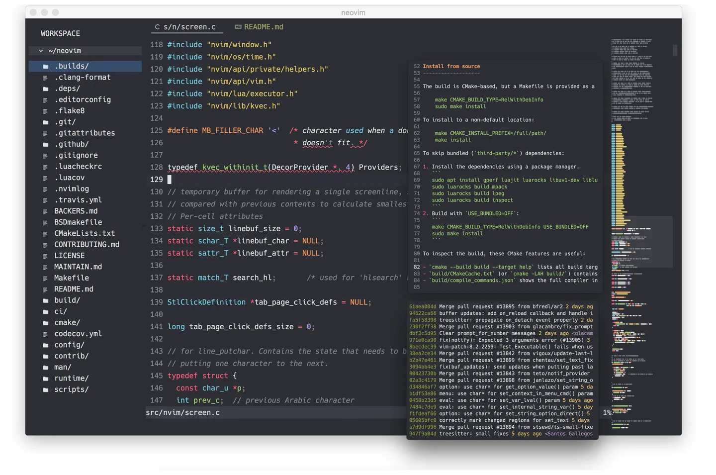 Historical Goneovim Mac interface with a workspace file tree, syntax-highlighted code, floating text windows and a minimap.
