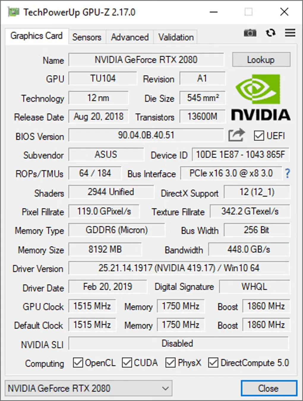 GPU-Z 2.17.0 Graphics Card tab showing an NVIDIA GeForce RTX 2080 with memory, BIOS, driver and clock details; older interface