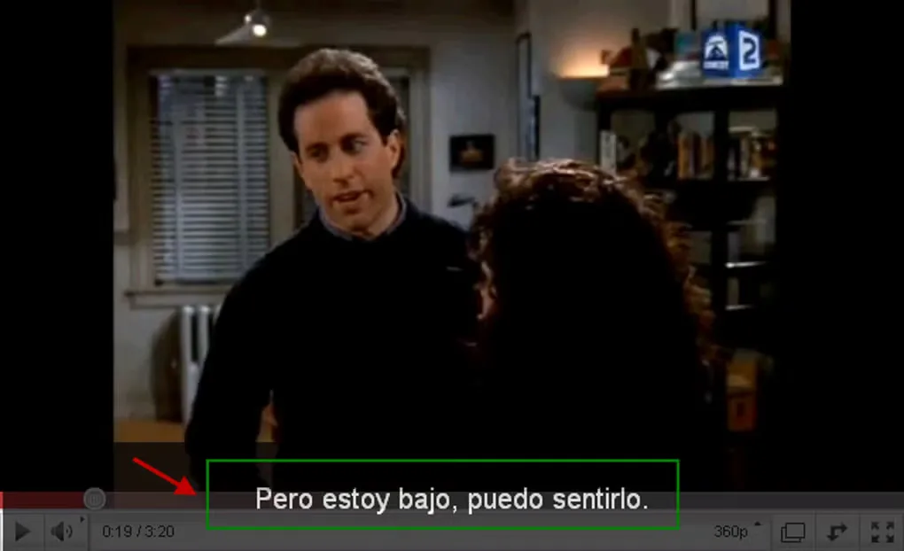 Greenfish Subtitle Player subtitle overlay highlighted over a video, showing a Spanish subtitle near the playback controls.