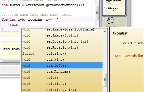 Greenfoot Java editor close-up showing syntax highlighting, turnLeft method completion and Wombat documentation