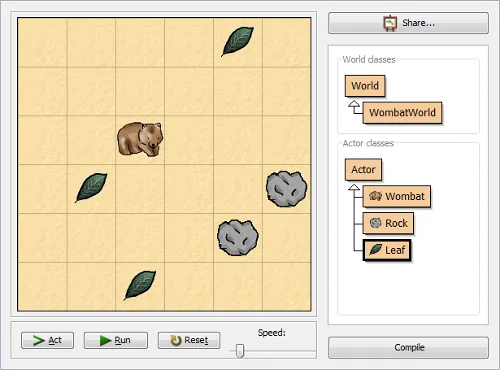 Greenfoot Wombat world with leaves and rocks, actor classes, and Act, Run, Reset and Compile controls