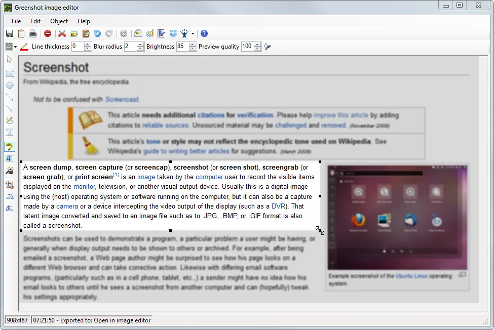 Older Greenshot Windows image editor showing the area-highlight tool on a captured Wikipedia page