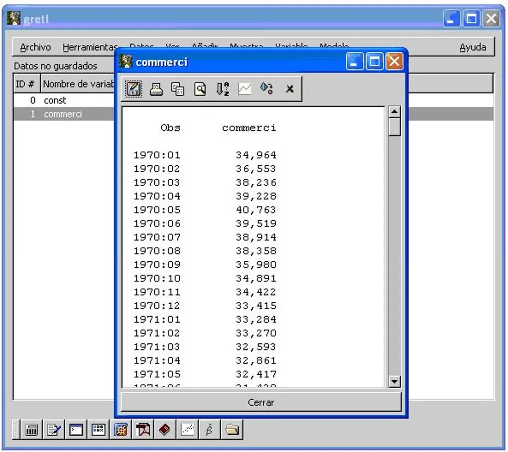 Historical Gretl Windows interface with Spanish menus and a commerci time-series data window