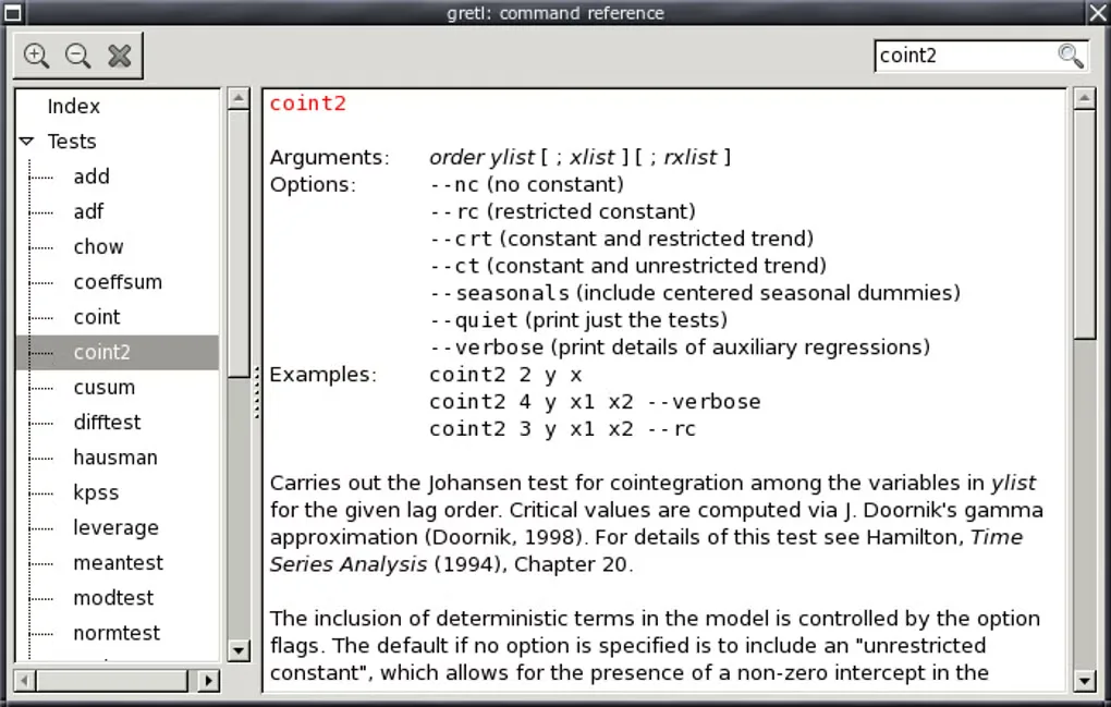 Gretl command-reference window showing coint2 Johansen cointegration test options and examples