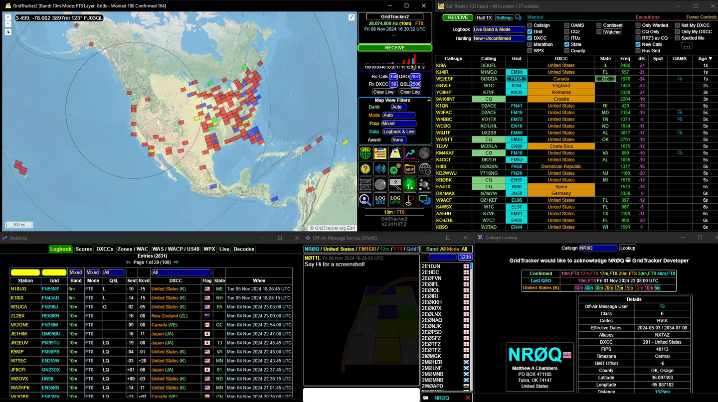 Publisher screenshot of an older GridTracker2 Windows interface with contact map, Call Roster, logbook and callsign lookup