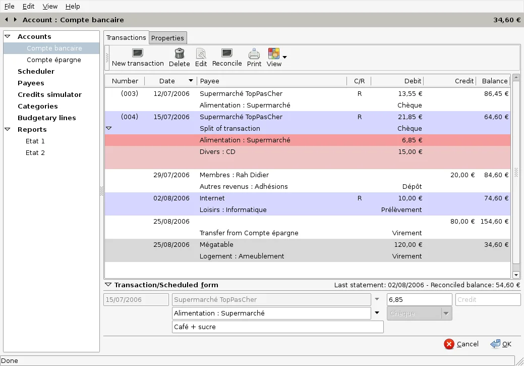 Historical Grisbi 0.8.9 transaction register with accounts sidebar, split transaction and entry form; not a current macOS screenshot.