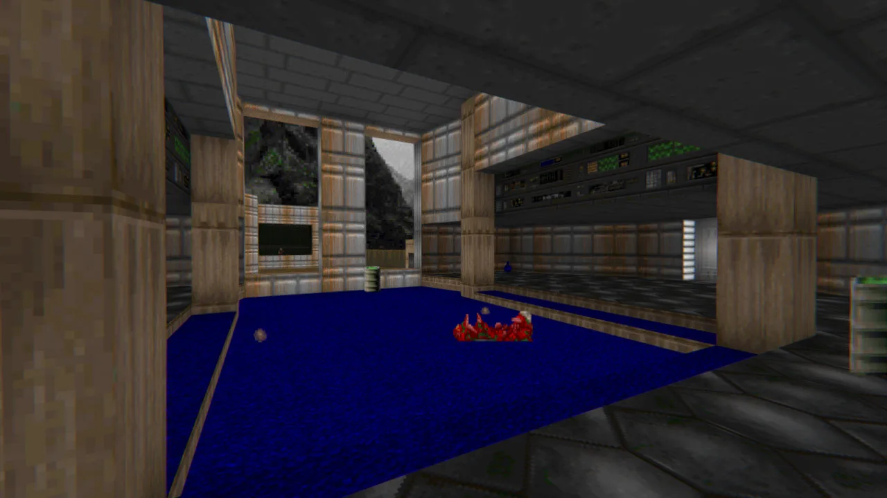 Publisher-hosted Doom gameplay scene showing a blue pool inside a textured industrial room; platform-neutral ZDoom-family illustration