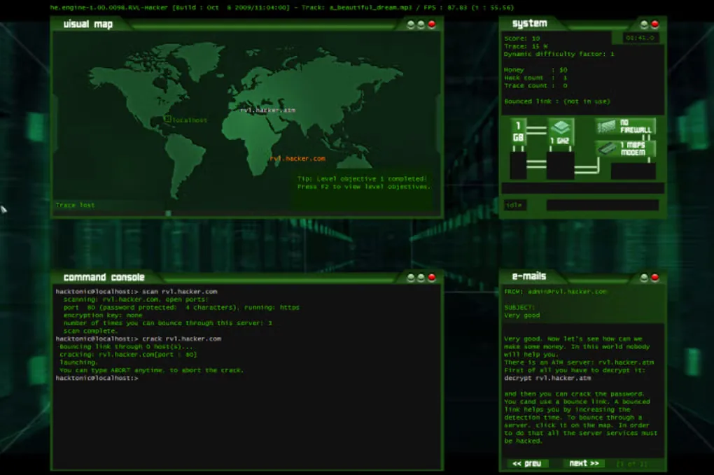 RVL Games' Hacker Simulator showing a green world map, command console, system panel and in-game email