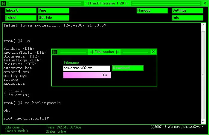 HackTheGame 1.20 green command console with an in-game FileLeecher download dialog