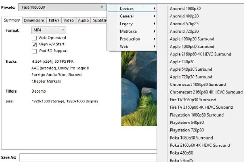HandBrake Windows interface detail with the Devices preset menu open above the MP4 Summary settings.
