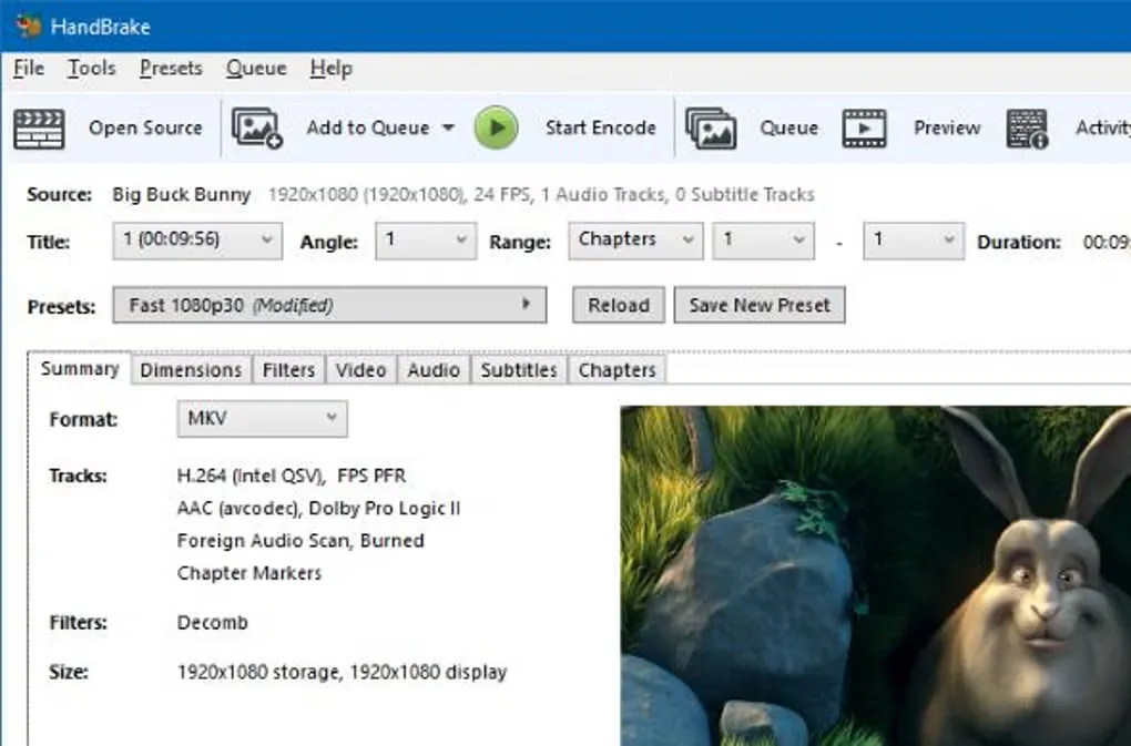 HandBrake for Windows Summary tab showing an MKV output, queue controls and a Big Buck Bunny preview.