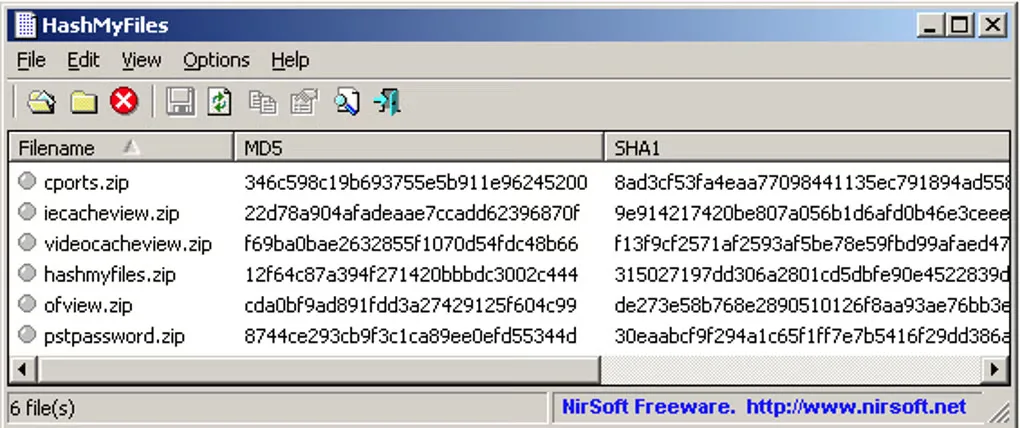 HashMyFiles Windows main window listing six ZIP files with Filename, MD5 and SHA1 hash columns.